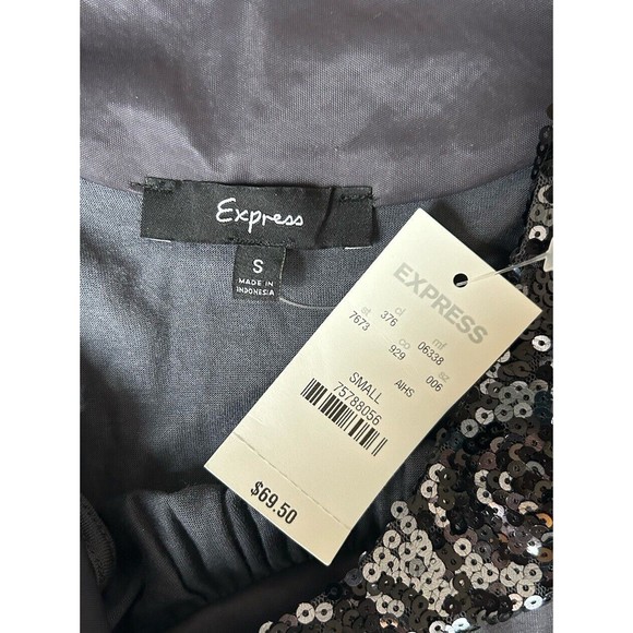EXPRESS Charcoal Gray Sequin Trimmed Cotton Tunic Mini Dress Size S Side Pockets - Picture 5 of 10